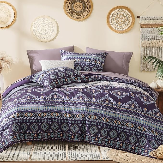 Geniospin Full Comforter Set - 7 Pieces Bed in a Bag, Comfortable Western Bedding Sets for All Seasons, Lightweight Soft Boho Comforter Bed Set with Sheets, Pillowcases & Shams