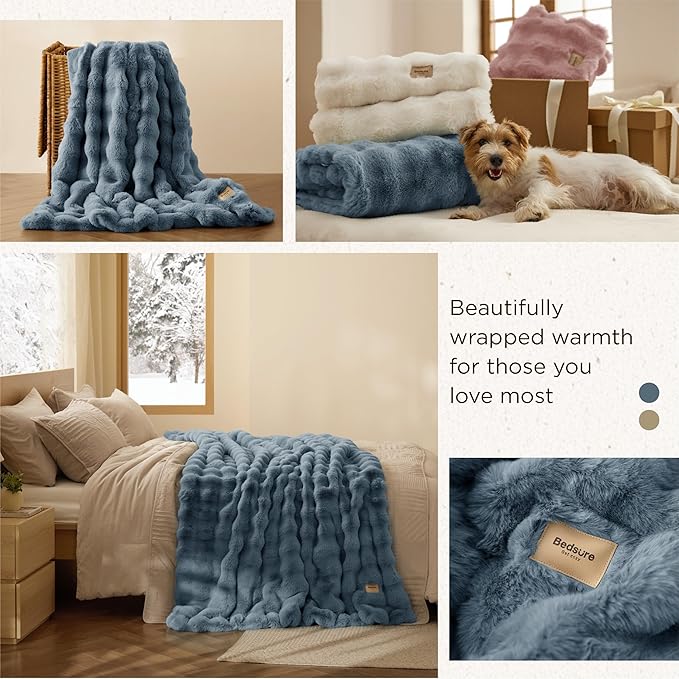 Bedsure GentleSoft Fluffy Fuzzy Greyish Blue Throw Blanket, Soft Cozy Fleece Faux Fur Blanket for Couch, Blue Room Decor Minky Velvet Bed Cover, Thick Warm Plush Birthday Gifts for Women Men Over 60