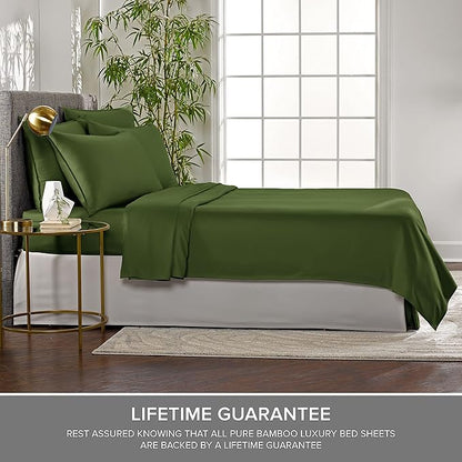 Pure Bamboo Twin Sheets, Genuine 100% Organic Viscose Derived from Bamboo Bed Sheet Set, Luxuriously Soft & Cooling, Double Stitching, 2 Year Quality Promise (Twin, Pesto)