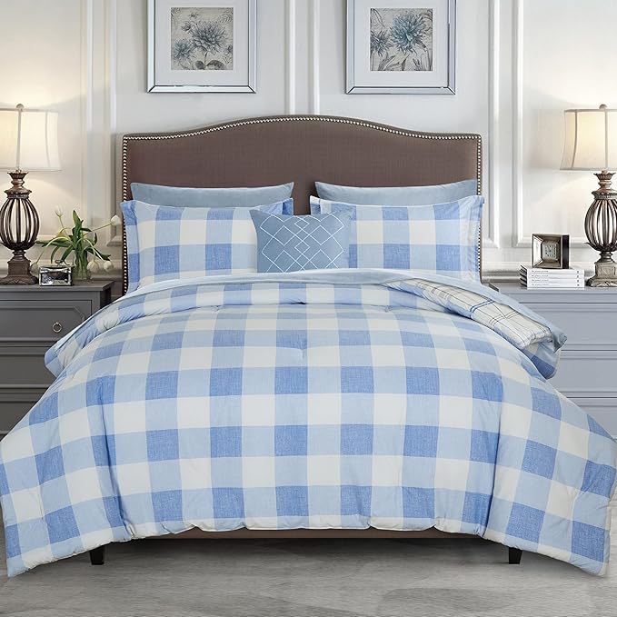 Elegant Comfort 8-Piece Lodge Plaid Reversible Comforter Set - All Season Bed in a Bag, 4-Piece Sheet Set Featuring Smart Pockets, Matching Shams and Decorative Pillow, Twin/Twin XL, Aqua
