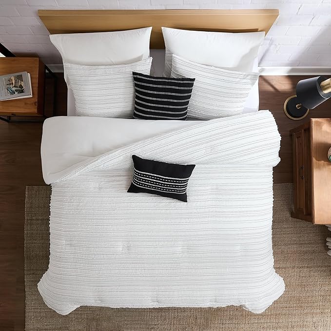Modern Threads Dixie White Jacquard Comforter Set – 5 Piece Textured Bedding with Decorative Pillows & Shams, Soft All Season Farmhouse Bed Set, Bright White with Graphite Stripes, King