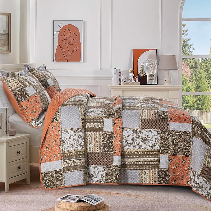 BEDIFANY Cotton California King Size Quilt for Farmhouse- Fall Patchwork Bedspread Set - Highly-Woven Soft Reversible Oversized King Size Coverlet for All Seasons (Floral Orange) 3 Pieces