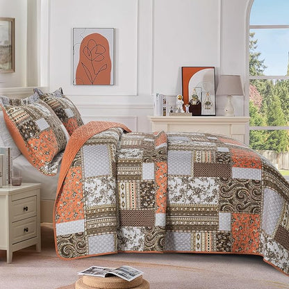 BEDIFANY Cotton California King Size Quilt for Farmhouse- Fall Patchwork Bedspread Set - Highly-Woven Soft Reversible Oversized King Size Coverlet for All Seasons (Floral Orange) 3 Pieces