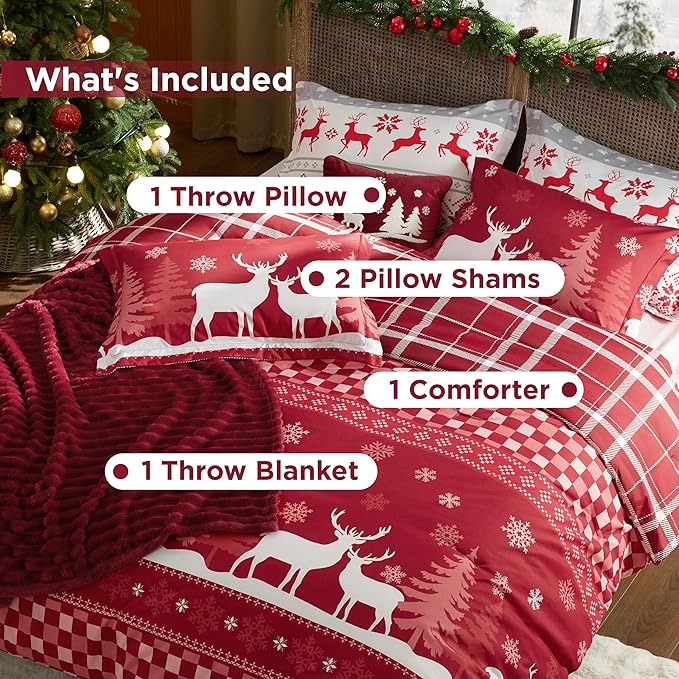 Bedsure Christmas Queen Comforter Set - 5 Pieces Christmas Queen Bedding Set, Bed in a Bag with 1 Soft Snowflake and Elk Reversible Comforter, 2 Pillow Shams, 1 Throw Blanket and 1 Decorative