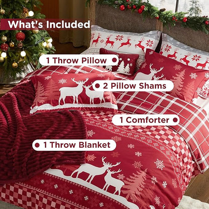 Bedsure Christmas Queen Comforter Set - 5 Pieces Christmas Queen Bedding Set, Bed in a Bag with 1 Soft Snowflake and Elk Reversible Comforter, 2 Pillow Shams, 1 Throw Blanket and 1 Decorative