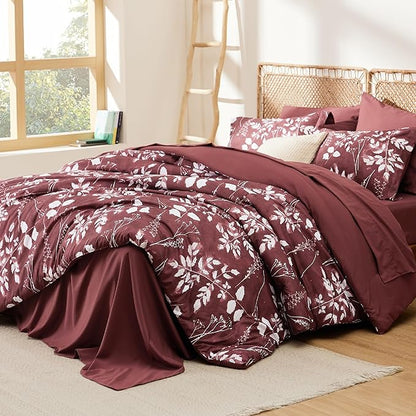 Bedsure Queen Comforter Set - 7 Pieces Floral Burgundy Soft Bedding Sets, Queen Bed in a Bag with Botanical Flowers Comforter, Sheets, Pillowcases & Shams