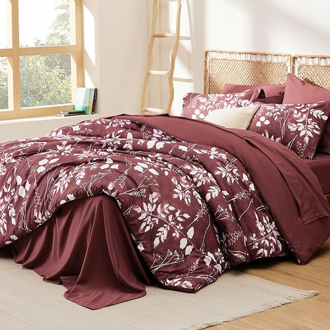 Bedsure King Size Comforter Set - 7 Pieces Floral Burgundy Soft Bedding Sets, King Bed in a Bag with Botanical Flowers Comforter, Sheets, Pillowcases & Shams