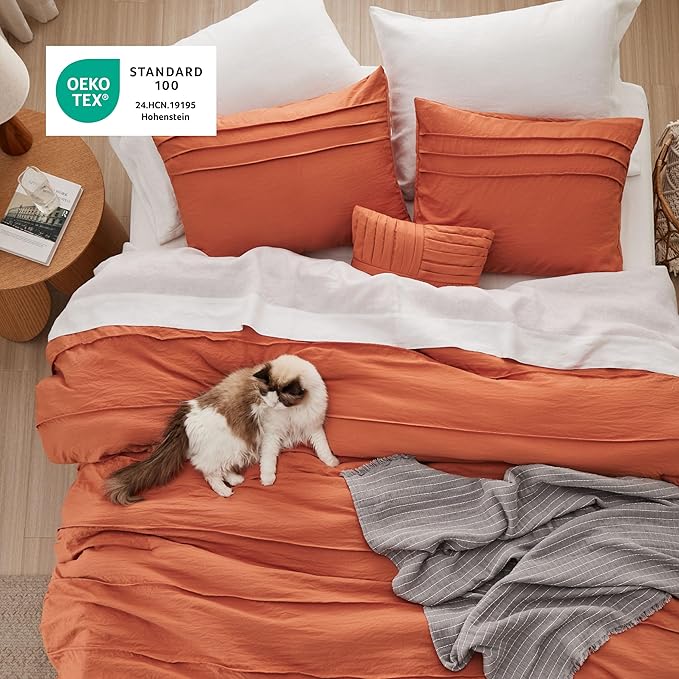 Bedsure California King Comforter Set - 4 Pieces Pinch Pleat Bed Set, Burnt Orange Boho Bedding for All Season, 1 Soft Comforter, 2 Pillowcases, 1 Decorative Pillow