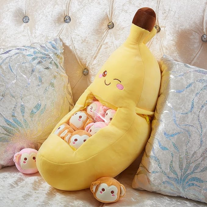 Lewtemi Cute Banana Pillow Kawaii Stuffed Animal Removable Emotional Plush Support Cat Dinosaur Gift for Home Room Positive Decor(Banana)