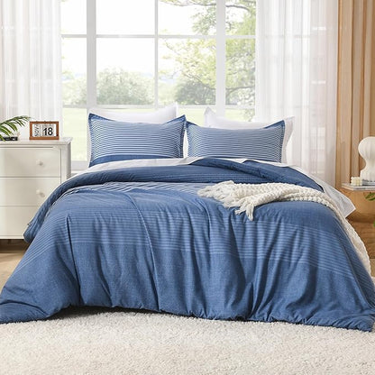 Litanika Comforter Set Super King Size Sapphire Blue - 3 Pieces Lightweight Sapphire Blue White Colorblock Stripe Fluffy Bedding Comforter Sets, All Season Bed Set