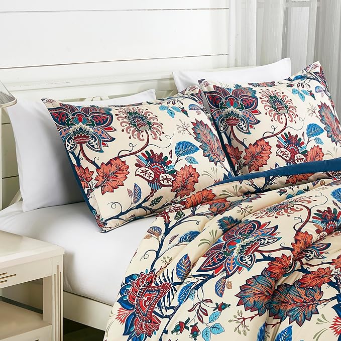 Chezmoi Collection Azura 3-Piece Floral Comforter Set King - Multicolor Blue Red Orange Cream Printed Microfiber Lightweight Bedding Set for All Season