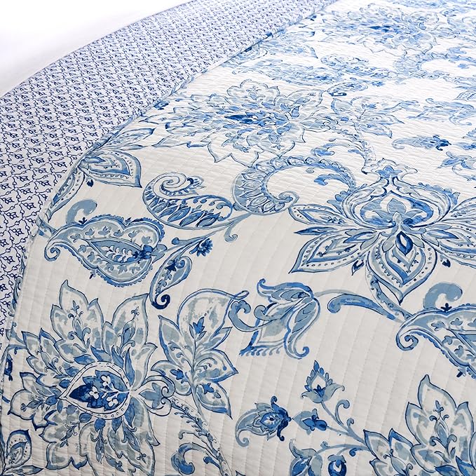 Levtex Home - Bennett Bedspread Set - Twin (80x106in.) Bedspread and 1 Standard Sham (20x26in.) - Floral Paisley - Blue and White - Reversible - Cotton