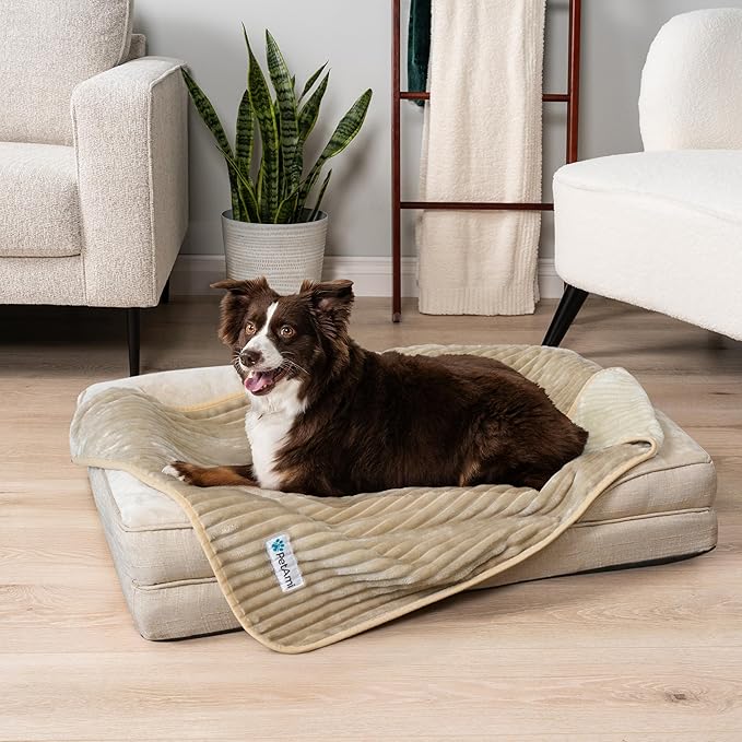 PetAmi Waterproof Dog Blanket, Leakproof Pet Blanket for Small Medium Large Dogs, Reversible Furniture Bed Sofa Couch Cover Protector, Plush Striped Pet Throw for Indoor Cat, 29x40 in, Taupe Beige