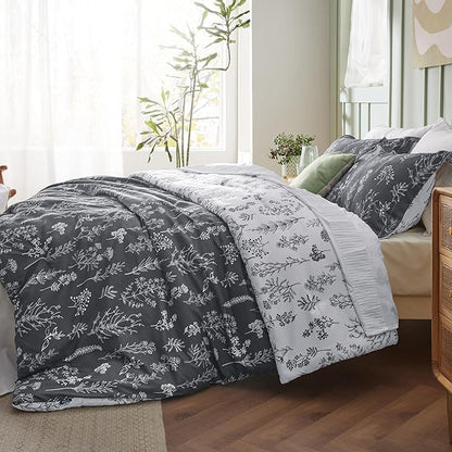 Bedsure Full Comforter Set - Dark Grey Bed Set, 3 Pieces Cute Floral Bedding, 1 Soft Reversible Botanical Flowers Comforter and 2 Pillow Shams