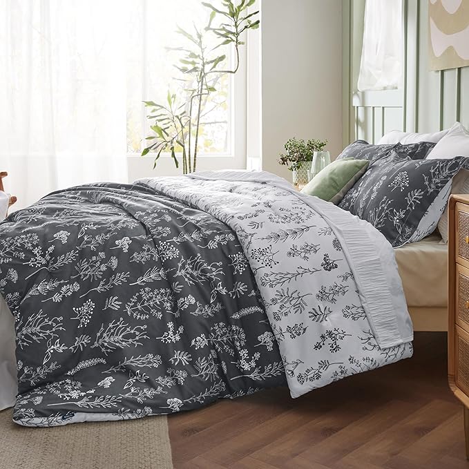 Bedsure King Comforter Set - Dark Grey Bed Set, 3 Pieces Cute Floral Bedding, 1 Soft Reversible Botanical Flowers Comforter and 2 Pillow Shams