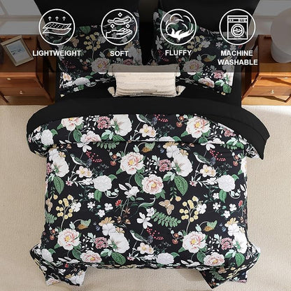Anibedding 7Pieces Floral King Size Comforter Set, Garden Plant Flower Style Bed in a Bag Black White Bedding Comforter Set with Pillow Case for Bedroom