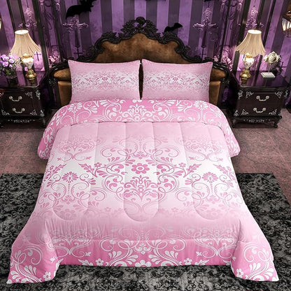 Feelyou Adults Pink Vintage Damask Floral Comforter Set Oriental Antique Comforter Full Size Gothic Bohemia Boho Flower Bedding Set Bohemian Exotic Duvet Set Quilt Set 3Pcs