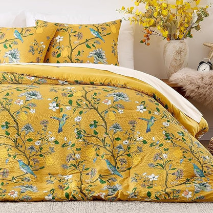 MUSSEL Bedding California King Size Comforter Set 3 Pieces,Yellow Vintage Botanical Floral Pattern Bed Comforter Sets,Boho Whimsical Modern Printed Design Cute Seersucker Bedroom Comforter and Shams