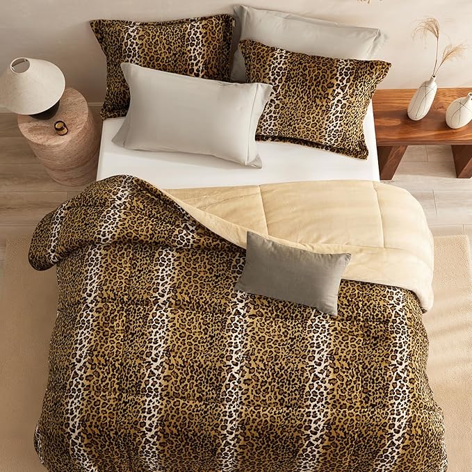 Petrichor Leopard Velvet Flannel Queen Comforter Set-Cheetah Print Western Blanket,Luxury Fuzzy Heavy Bedding Set, 3 Pieces Plush Winter Bed Set with Comforter (90"x90") & 2 Pillow Shams (20"x26")