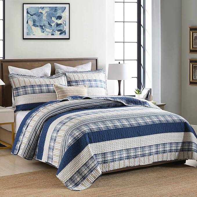 Homzard King Size Comforter Set - 100% Cotton Blue White Tan Quilt King Size,Farmhouse Plaid Striped Bedspread Set,Reversible Lightweight Quilts 3 Pieces
