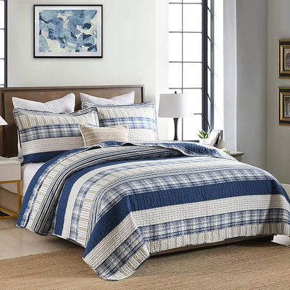 Homzard King Size Comforter Set - 100% Cotton Blue White Tan Quilt King Size,Farmhouse Plaid Striped Bedspread Set,Reversible Lightweight Quilts 3 Pieces