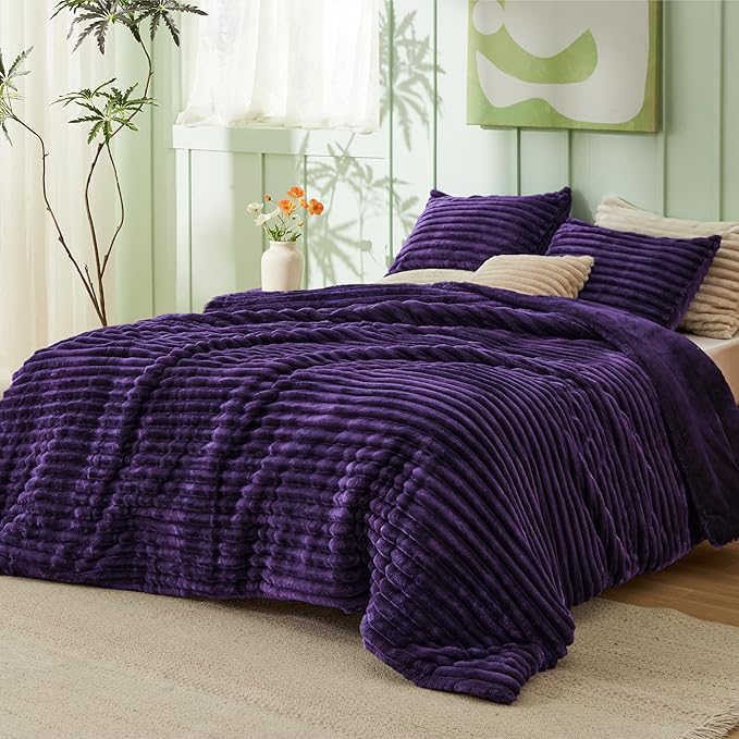 Bedsure Comforter Full Size - GentleSoft™ 3 Pieces Fluffy Double-Side Fleece Comforter Set, Cozy Striped Room Decor Aesthetic, Luxury Purple Full Size Bedding with 2 Pillowcases, 82x86 Inches