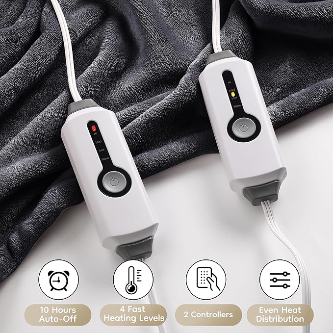 Electric Heated Blanket Queen Size 84"x90", with Dual Control Breathable & Luxurious Flannel, with 4 Heating Levels & 10 Hours Auto-Off, Fast Heating, Machine Washable, for Bedding -Dark Grey