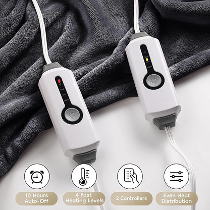 Electric Heated Blanket Queen Size 84"x90", with Dual Control Breathable & Luxurious Flannel, with 4 Heating Levels & 10 Hours Auto-Off, Fast Heating, Machine Washable, for Bedding -Dark Grey