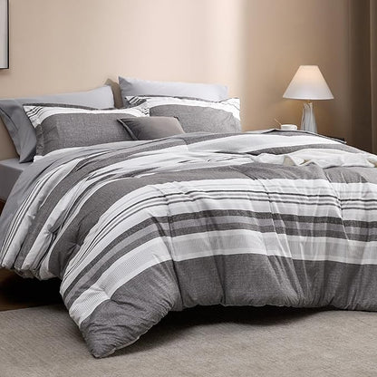 Bedsure Full Comforter Set 7 Pieces, Frost Grey Striped Bedding Set for All Seasons, Reversible, Cationic Dyeing Bed in a Bag with Comforter, Sheets, Pillowcases & Shams