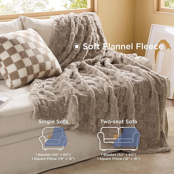 Bedsure Comforter Full Size 5 Pieces - Full Size Comforter Set with Checkered Throw Blanket and Decorative Pillow, Lightweiget Bedding, All Season Bedding Sets, Linen Beige