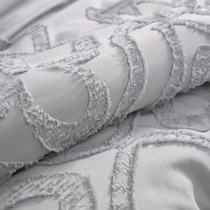 Boho Queen Comforter Set Grey 3 Pieces Tufted Tassel Comforter Set Queen Size Lightweight Queen Size Comforter Sets Farmhouse Shabby Chic Fluffy Gray Comforter Queen Bed Set Gift Choice