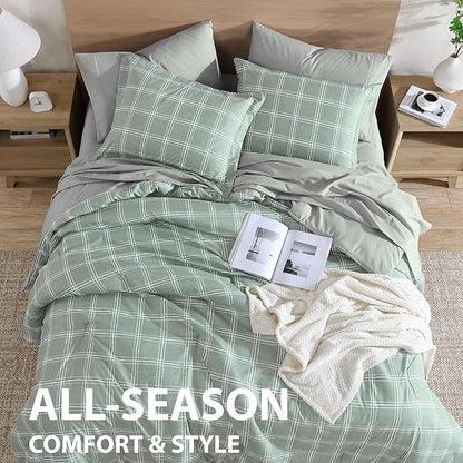Cathay Home Basic Bedding Home Essential Ultra Soft Lightweight 7PC Wrinkle Resistant Microfiber Bed in a Bag Set (Includes Complete Sheet Set & Comforter Set) - Green Plaid, Full