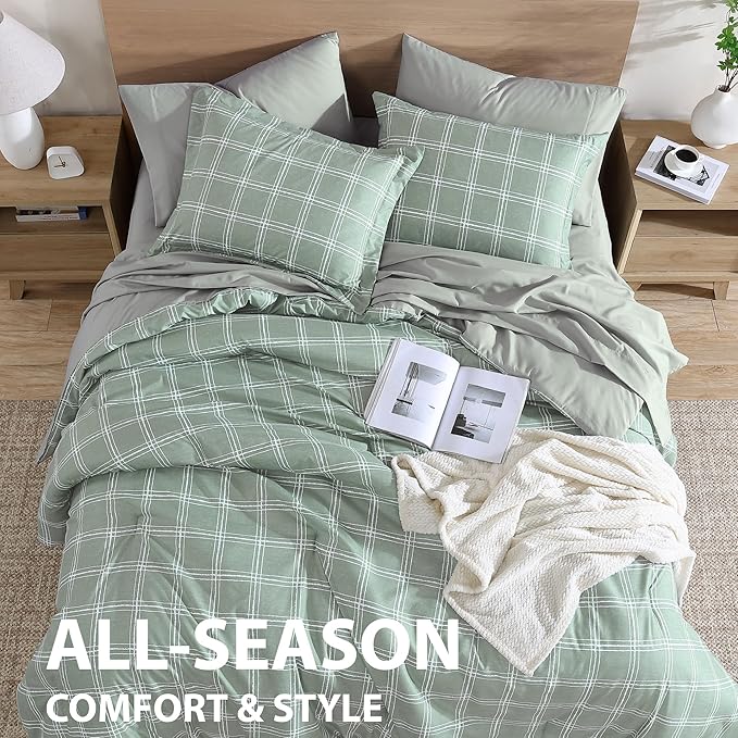 Cathay Home Basic Bedding Home Essential Ultra Soft Lightweight 7PC Wrinkle Resistant Microfiber Bed in a Bag Set (Includes Complete Sheet Set & Comforter Set) - Green Plaid, Queen