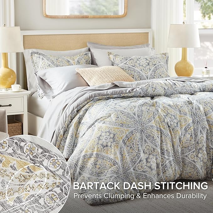 Comfort Spaces Bed in A Bag Comforter Set - Trendy Casual Design Full Comforter with Complete Sheet Set with Side Pocket, All Season, Shams, Gloria, Full Grey/Yellow 9 Piece