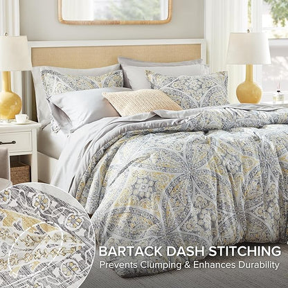 Comfort Spaces Bed in A Bag Comforter Set - Trendy Casual Design Queen Comforter with Complete Sheet Set with Side Pocket, All Season Comforter Queen, Shams, Gloria, Queen Grey/Yellow 9 Piece