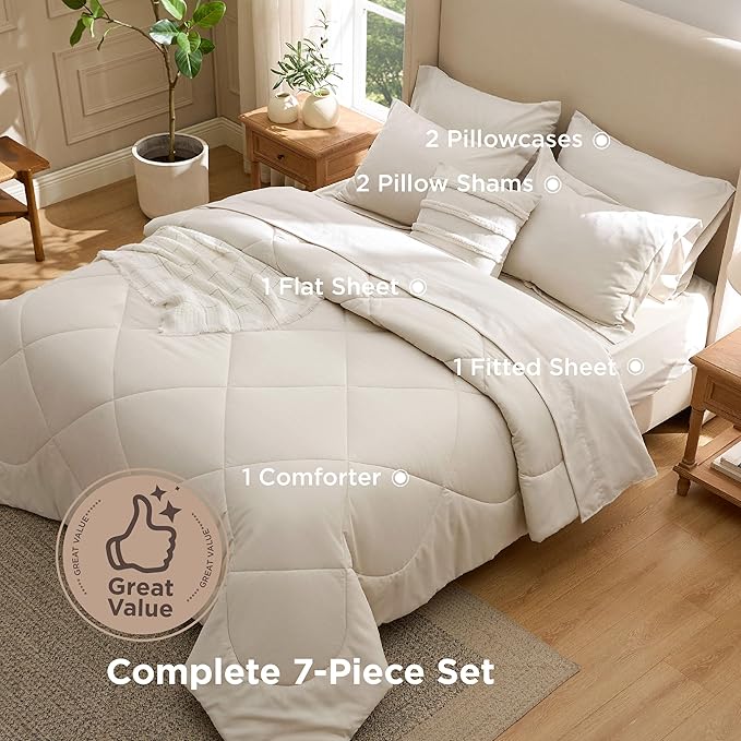Bedsure 5 Pieces Twin Comforter Set Premium Series, Hotel Luxury Soft Bed in a Bag, Goose Down Alternative, Safe for Sensitive Skin Bedding Comforter All Season Medium Warmth, Beige Wavy Quilted