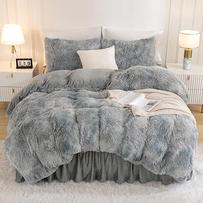 Andency Faux Fur Tie-Dyed Grey White Comforter for Queen Size Bed, 3 Pieces Fluffy Fuzzy Plush Bedding Comforter Set (1 Shaggy Velvet Comforter & 2 Pillowcases), Soft Puffy Bedding Set