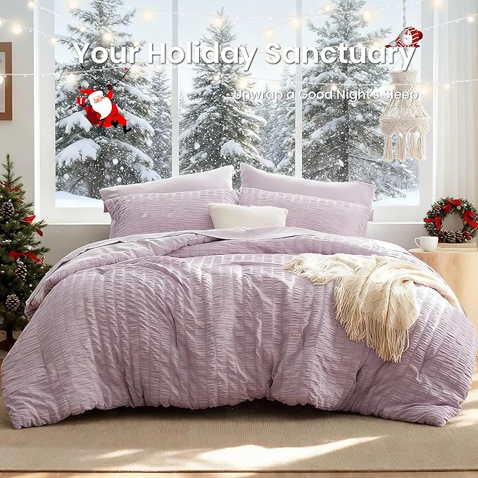 Love's cabin Seersucker Lavender Twin Comforter Set 5 Pieces, All Season Bedding Set, Twin Bed in a Bag Comforter Set with Comforter, Flat Sheet, Fitted Sheet, Pillowcase and Pillow Sham | Soft, Breathable, Lightweight