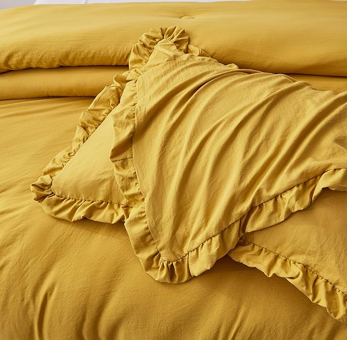 Chezmoi Collection Nora Mustard Yellow Comforter Set Queen Size 3-Piece Lightweight Fluffy Soft Lightweight Bedding Ruffled Edge Trim Stone-Washed Microfiber Comforter Set for All Season