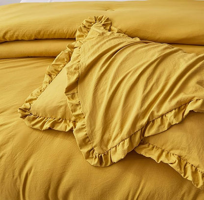 Chezmoi Collection Nora Mustard Yellow Comforter Set Full Size 3-Piece Fluffy Soft Lightweight Bedding Ruffled Edge Trim Stone-Washed Microfiber Comforter Set for All Season