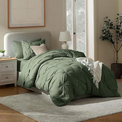 Nestl Twin XL Comforter Set 5 Piece - Pintuck Twin XL Bedding Set Olive Green, College Dorm Essentials Bed in a Bag, Twin XL Comforter Set for College Girls and Boys with Sheets, Pillowcase and Sham