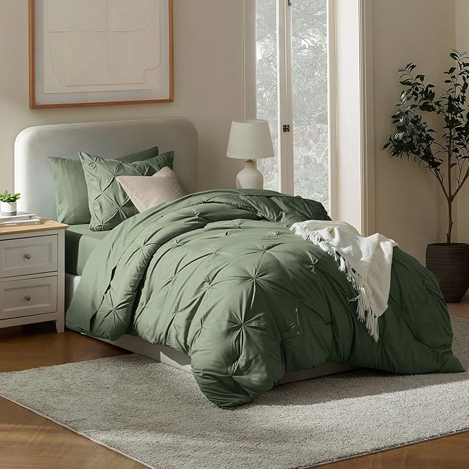 Nestl Twin Comforter Set 5 Piece - Pintuck Twin Bedding Sets Olive Green, College Dorm Essentials for Girls and Boys Bed in a Bag Twin All Season, Twin Comforter Set with Sheets, Pillowcase and Sham