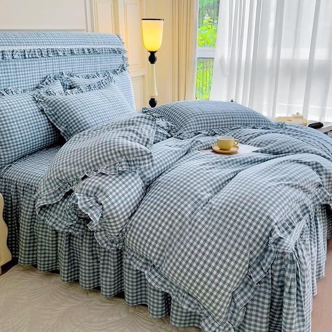 mixinni Vintage Blue Gingham Ruffle Comforter Set 3-Piece Washed Cotton Twin XL Size Grid Bedding Set with Geometric Checkered Pattern, Farmhouse Chic Soft Fluffy Comforter for All-Season