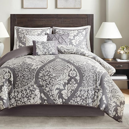 Madison Park Vienna Sateen Cotton Comforter Set, Breathable, Soft Cover, Trendy, All Season Down Alternative Cozy Bedding with Matching Shams, California King, Grey 7 Piece