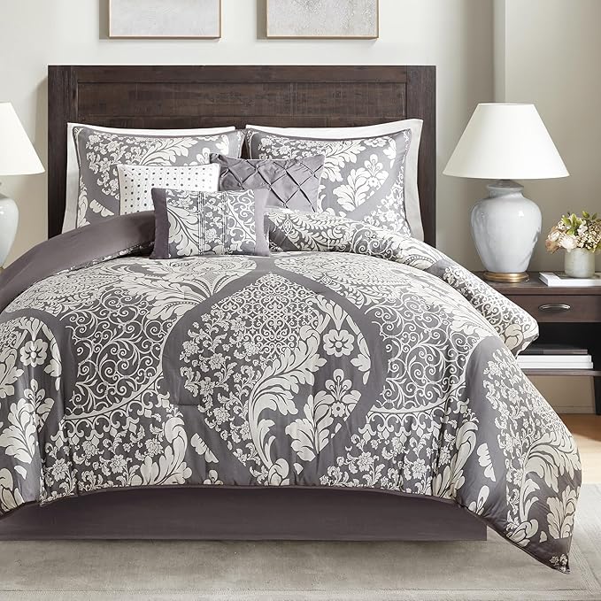 Madison Park Vienna Sateen Cotton Comforter Set, Breathable, Soft Cover, Trendy, All Season Down Alternative Cozy Bedding with Matching Shams, Queen, Grey 7 Piece