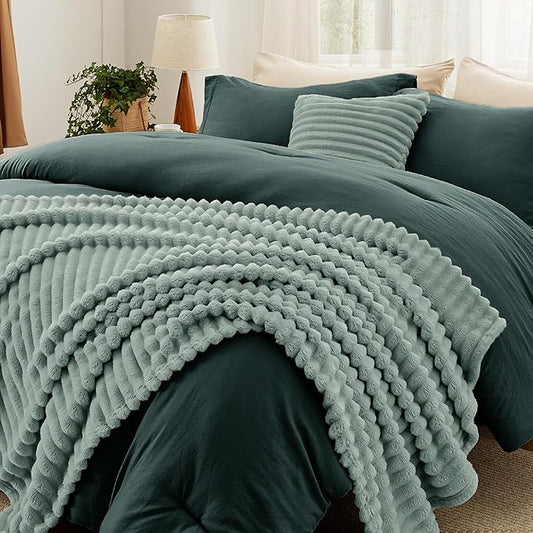 Bedsure Comforter Full Size 5 Pieces - Full Size Comforter Set with Fleece Throw Blanket and Decorative Pillow, Lightweiget Bedding Comforter Sets, All Season Bedding Sets, Emerald Green