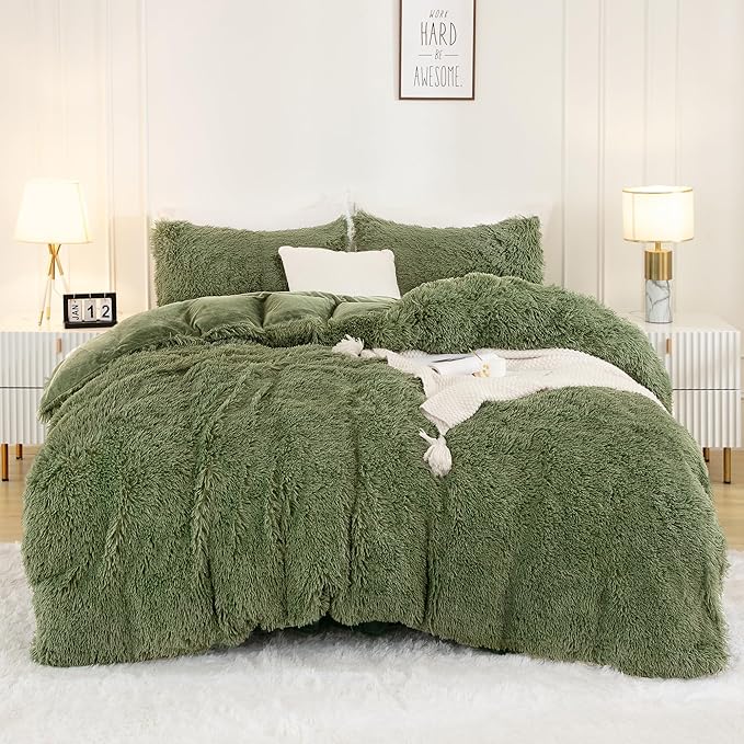 Andency Faux Fur Sage Green Comforter Set Full Size, 3 Pieces Fluffy Fuzzy Plush Bedding Comforter Set (1 Shaggy Velvet Comforter & 2 Pillowcases), Soft Puffy Comfy Down Comforter Bedding Set