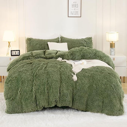 Andency Faux Fur Sage Green Comforter Set King Size, 3 Pieces Fluffy Fuzzy Plush Bedding Comforter Set (1 Shaggy Velvet Comforter & 2 Pillowcases), Soft Puffy Comfy Down Comforter Bedding Set
