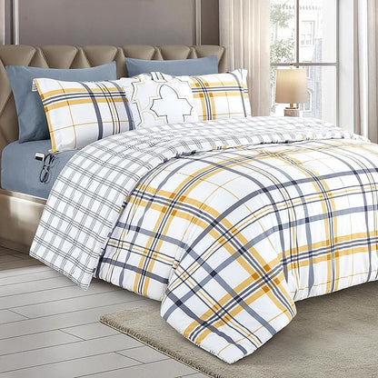 Elegant Comfort 8-Piece Lodge Plaid Reversible Comforter Set - All Season Bed in a Bag, 4-Piece Sheet Set Featuring Smart Pockets, Matching Shams and Decorative Pillow, Twin/Twin XL, Gold