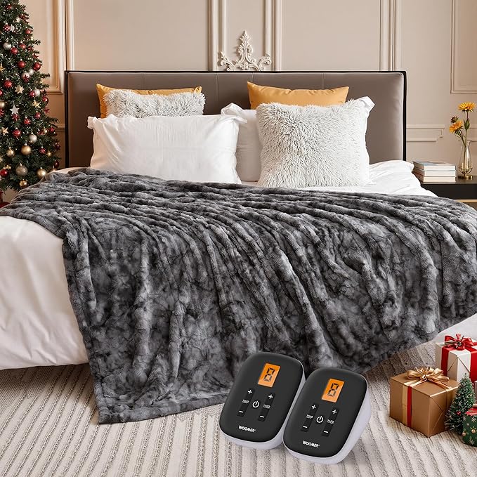 WOOMER Heated Blanket Queen Size 84" x 90", Electric Blanket with 0.5-12 Hours Timer & 10 Heating Levels, ETL Certified, Marble Gray Double-Sided Faux Fur, Machine Washable